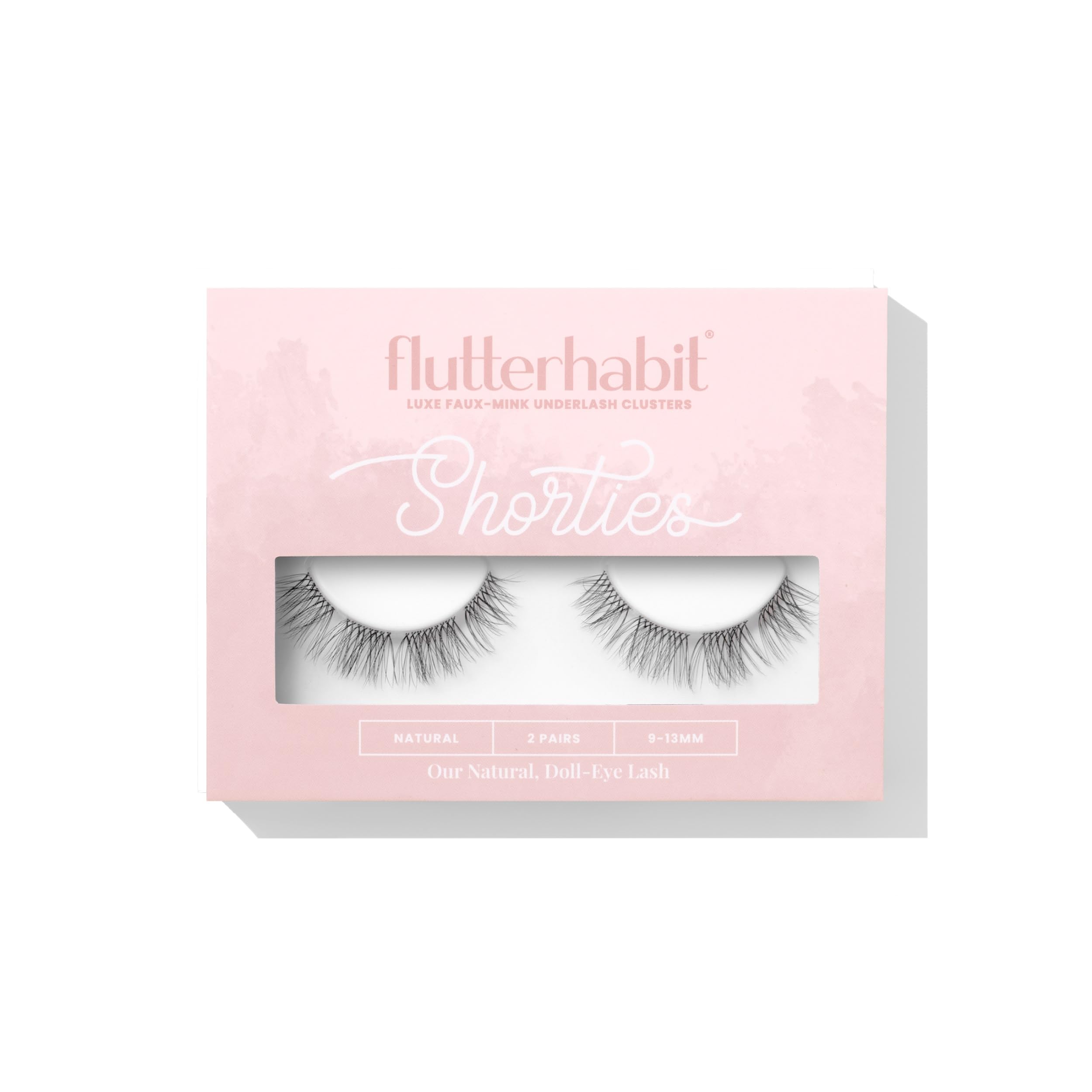 FlutterHabit packaging showing two pairs of Shorties underlash clusters for neat everyday definition