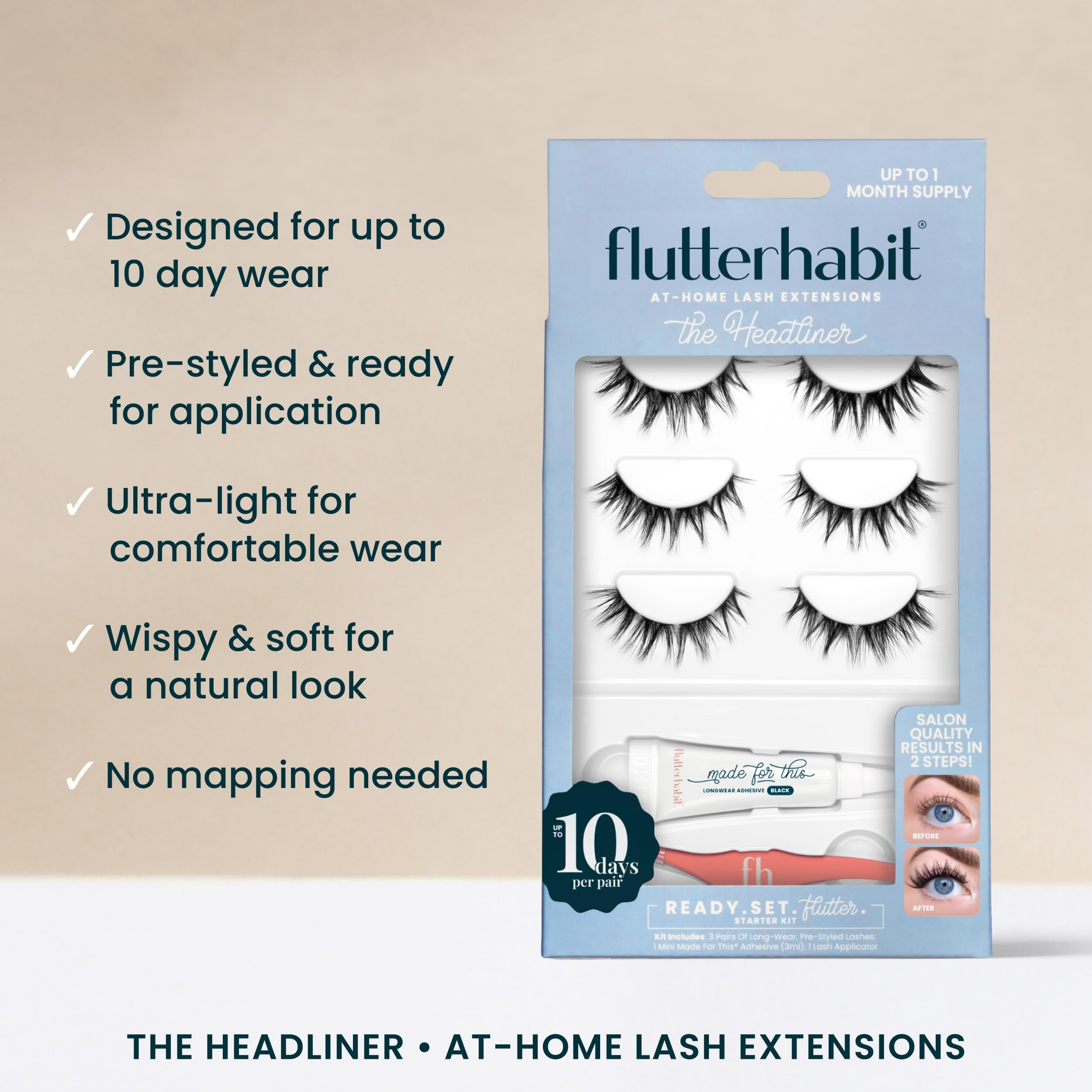 FlutterHabit demo showing underlash cluster application beneath natural lashes