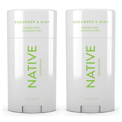 Flywrun Native deodorant front packaging showing two cucumber mint sticks and benefits