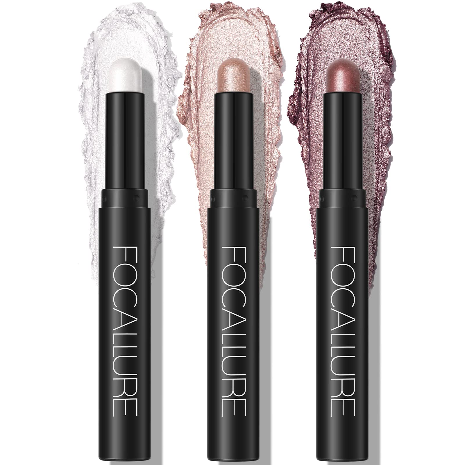 FOCALLURE front view of three shimmer sticks showing shade selection benefits