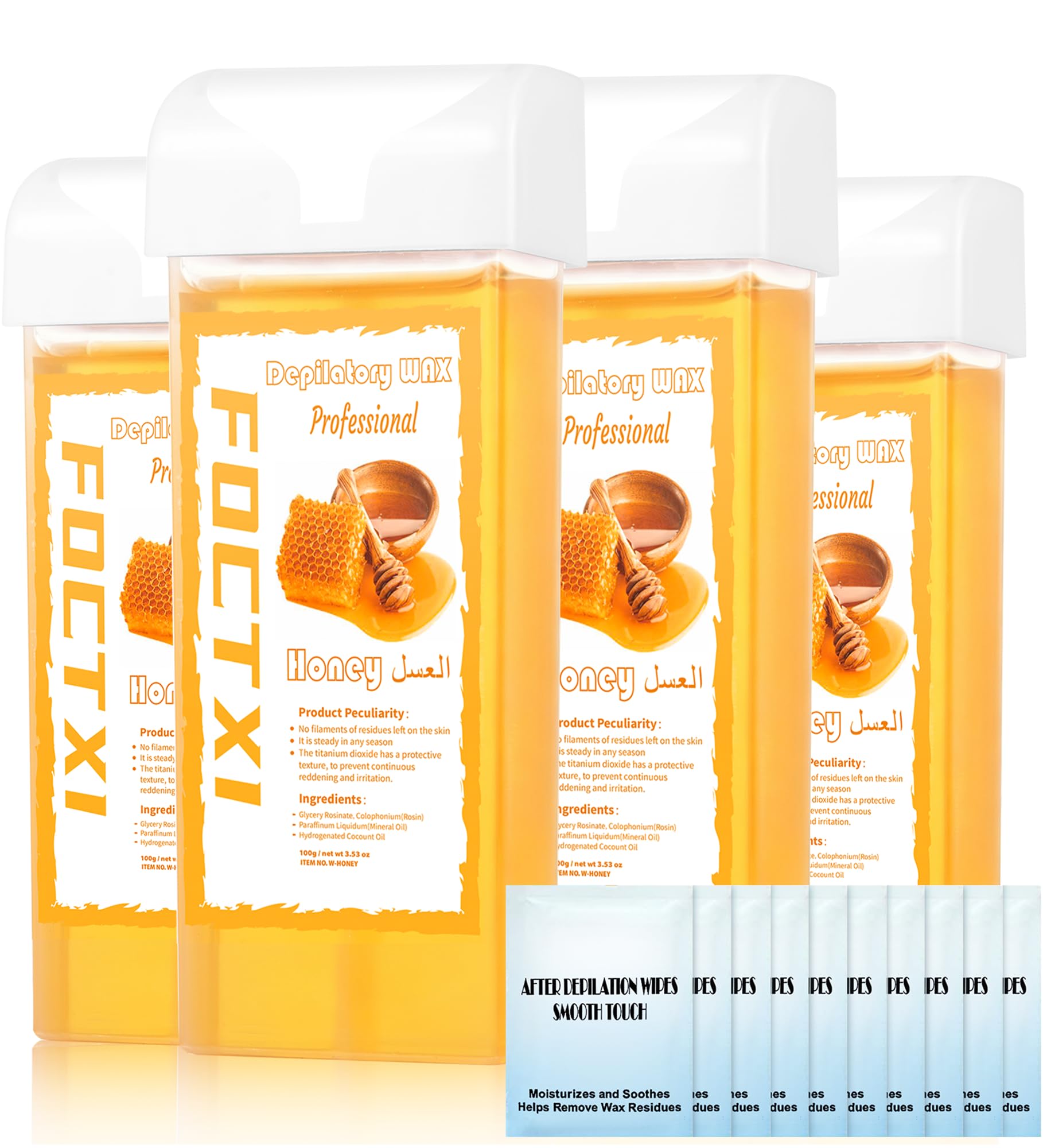 FOCTXI front packaging showing four honey wax cartridges and wipes for convenient refills