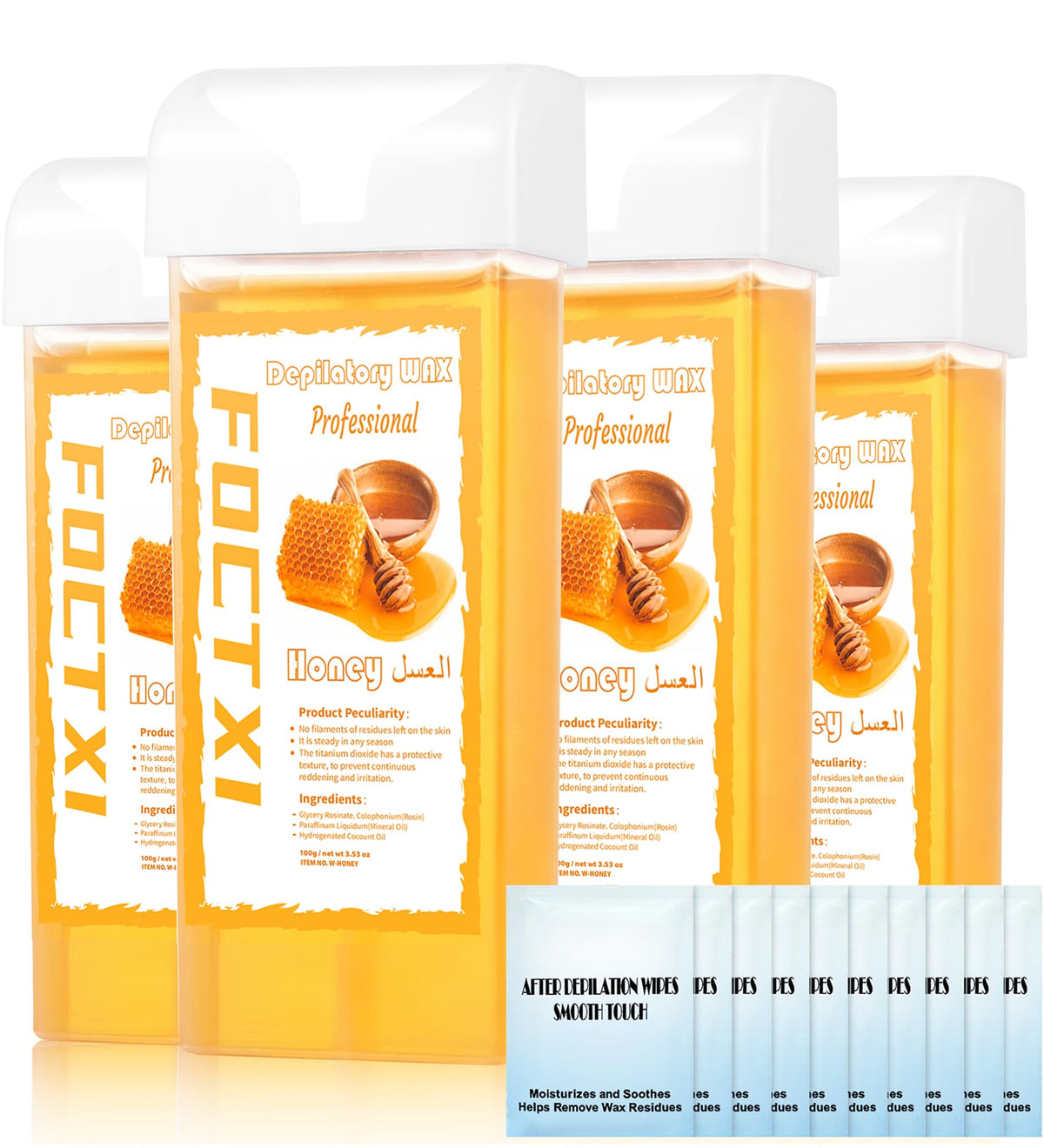 FOCTXI front packaging showing four honey wax cartridges and wipes for convenient refills