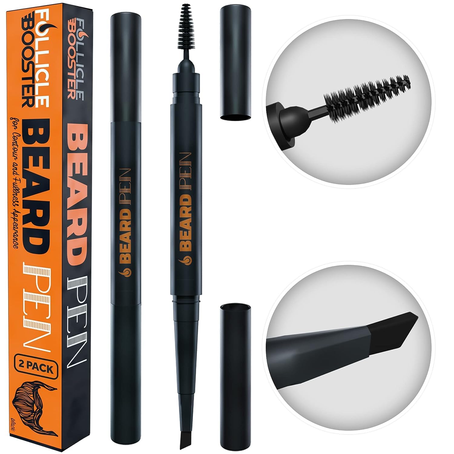FOLLICLE BOOSTER front packaging showing the two black beard pens and benefits
