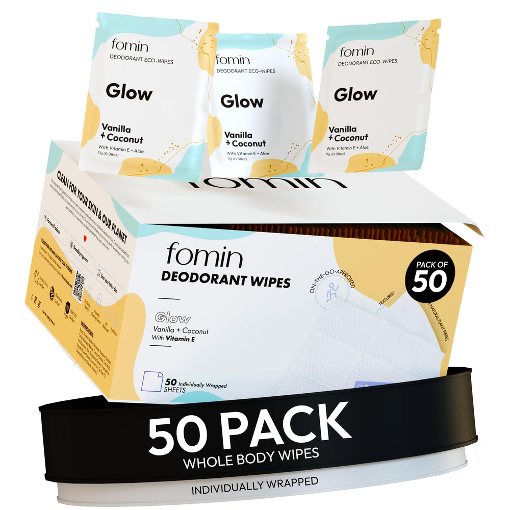 FOMIN front box coconut vanilla showing compact 50-count pack and portability