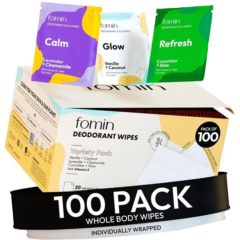 FOMIN front packaging showing 100-count travel wipes and benefits