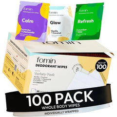 FOMIN front packaging showing 100-count travel wipes and benefits