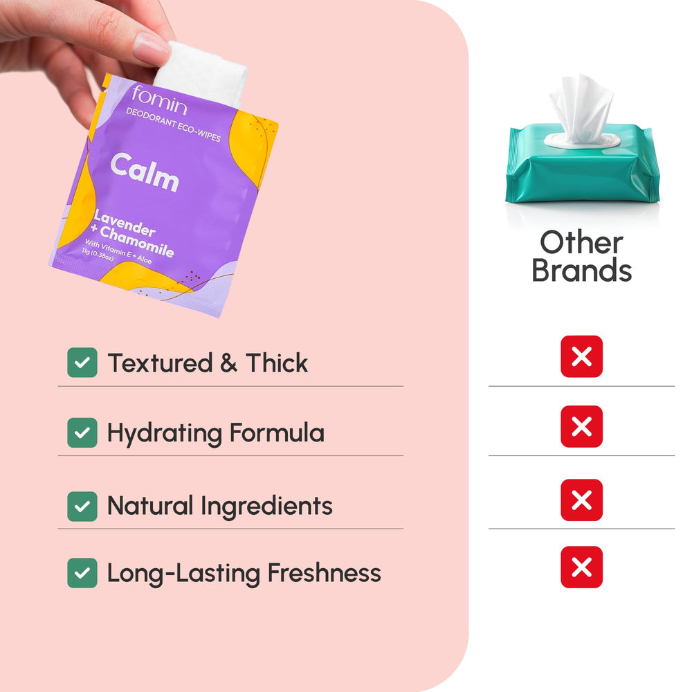 FOMIN single sachet opened showcasing compact, portable deodorant wipe