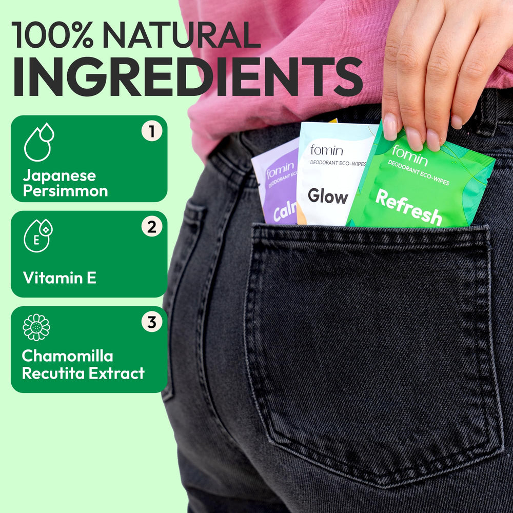 FOMIN wipes placed inside a purse for convenient on-the-go freshness