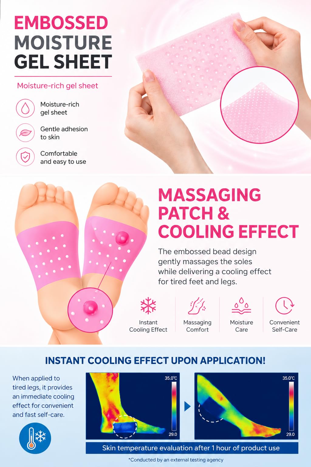 휴족시간 patch applied to foot sole providing cooling comfort overnight