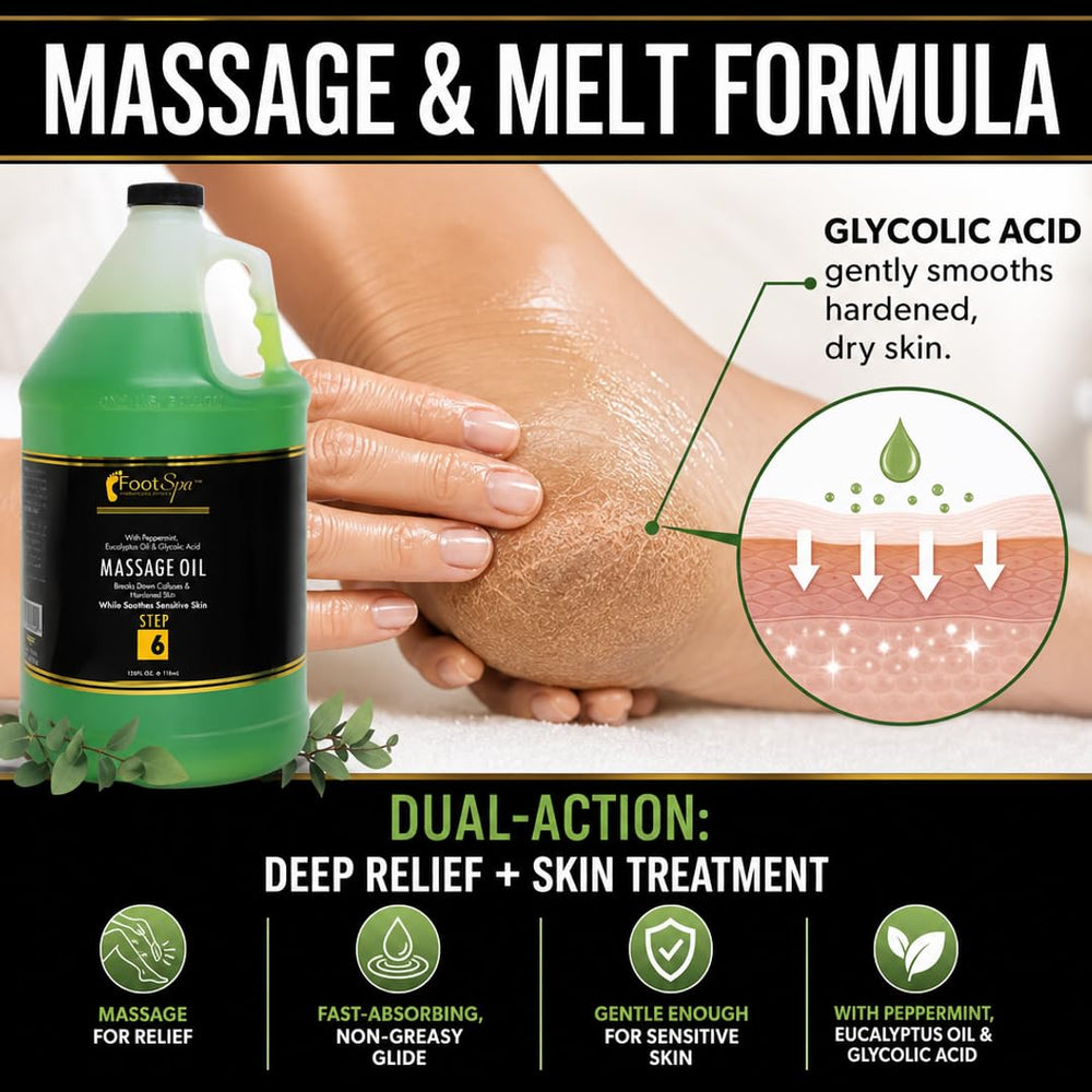 FootSpa oil being poured showing smooth glide and quick-absorb benefit