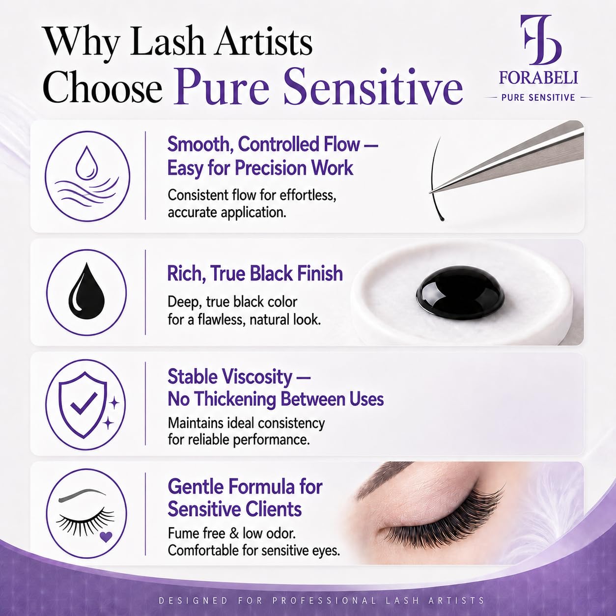FORABELI glue applied to strip lashes demonstrating neat bonding and easy pickup