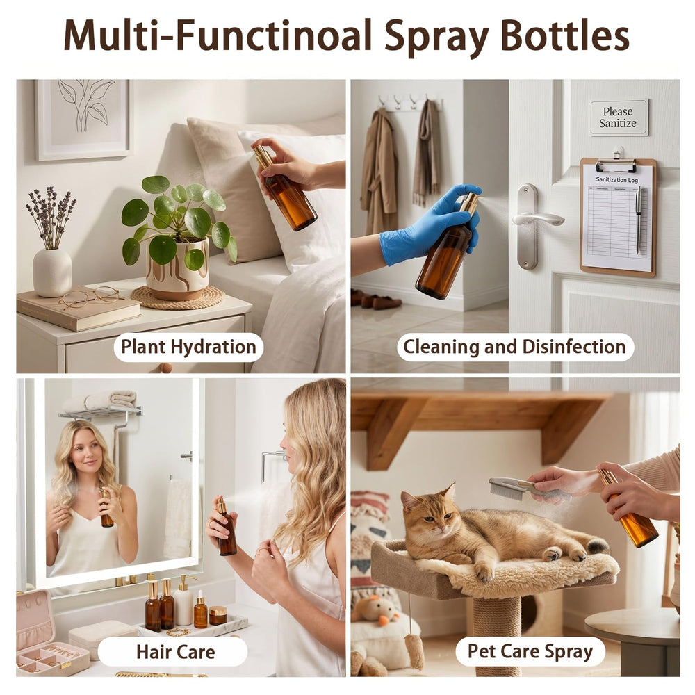 Foraineam bottle with dust cap and sprayer protecting contents and preventing leaks