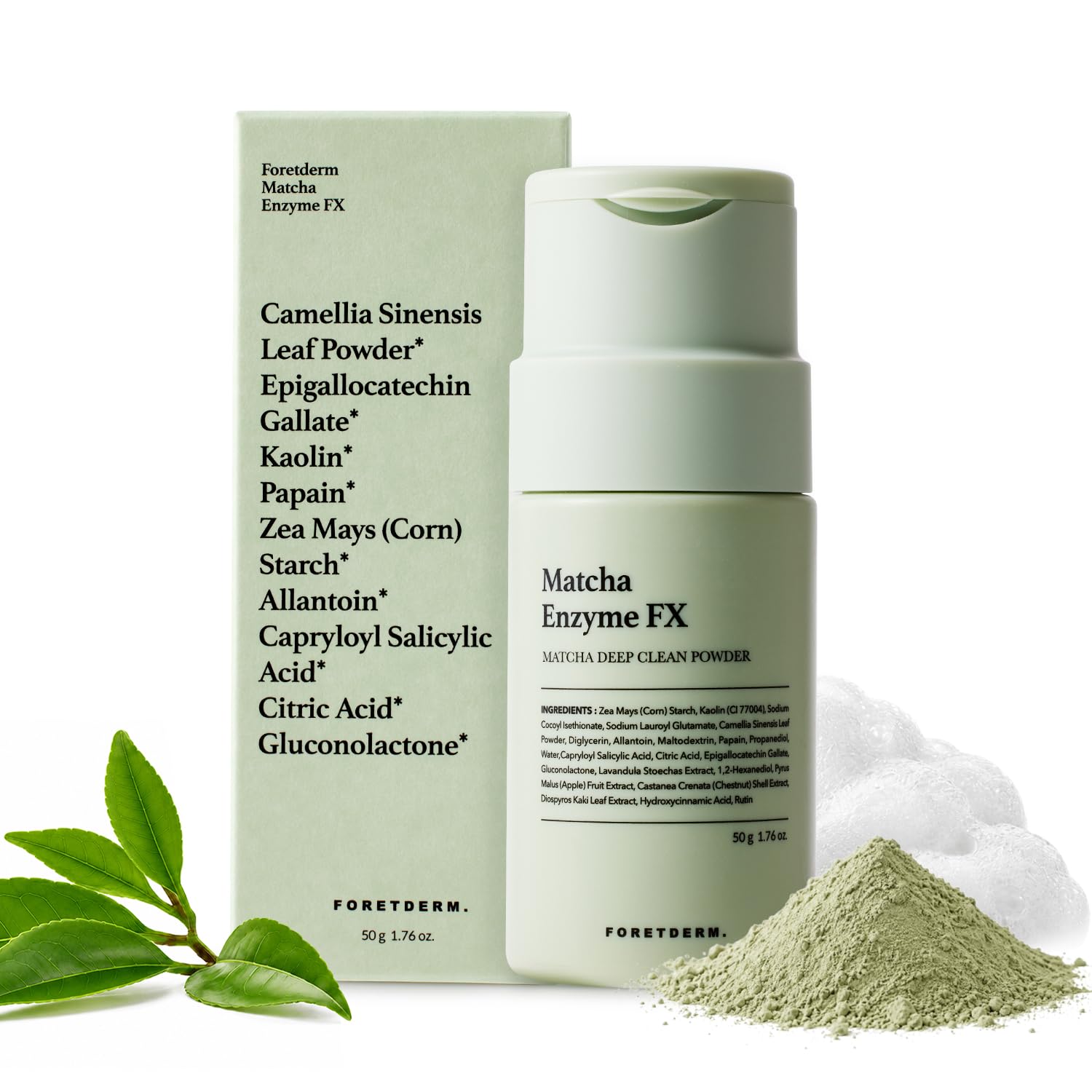 FORETDERM front packaging showing matcha powder cleanser benefits