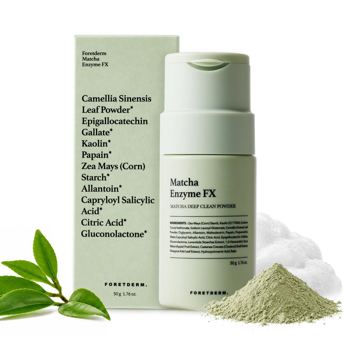 FORETDERM front packaging showing matcha powder cleanser benefits