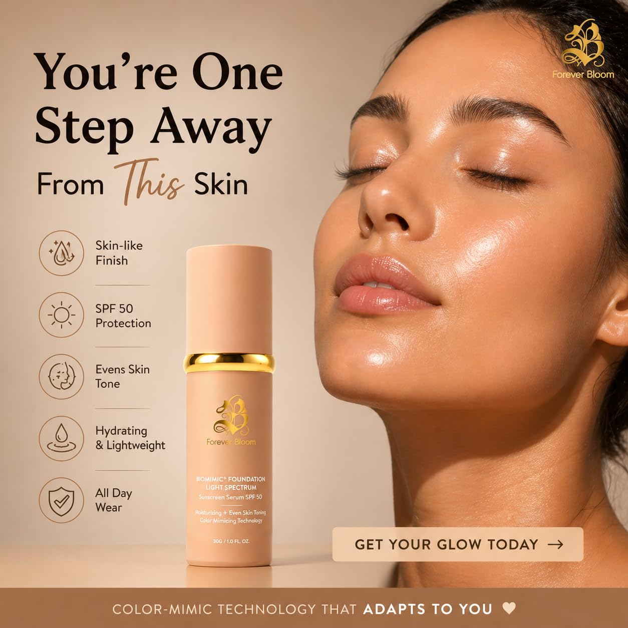 Forever Bloom before and after photo showing concealing effect and smoother complexion benefit
