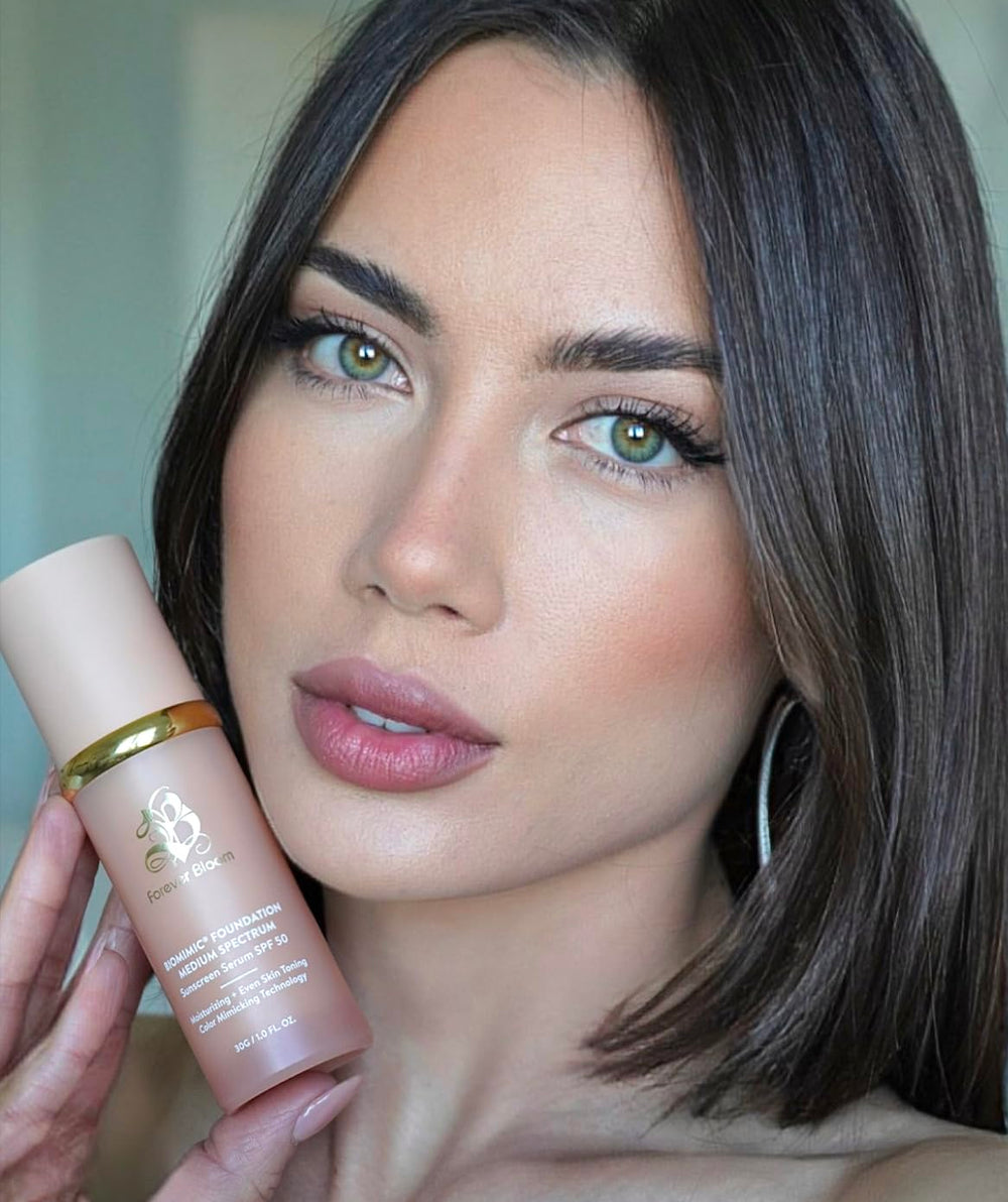 Forever Bloom label ingredients closeup emphasizing SPF50 and antioxidant benefit