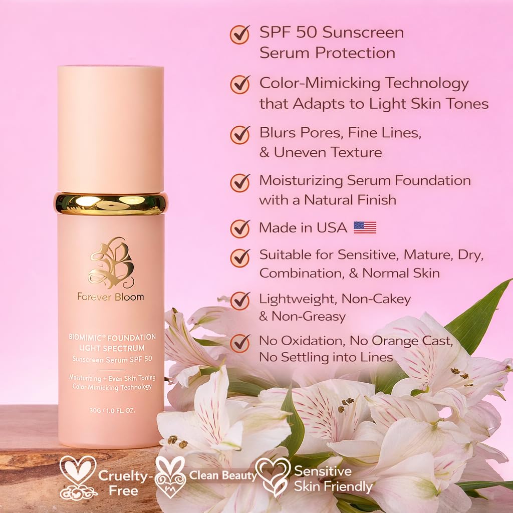Forever Bloom serum texture on dispenser highlighting lightweight glide and quick absorption benefit