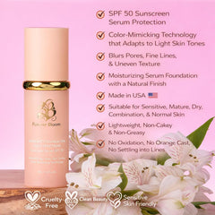 Forever Bloom serum texture on dispenser highlighting lightweight glide and quick absorption benefit