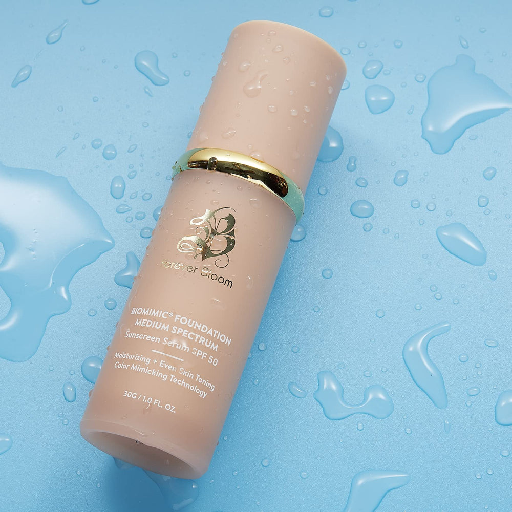 Forever Bloom bottle in sunlight illustrating SPF50 protection and daily use benefit