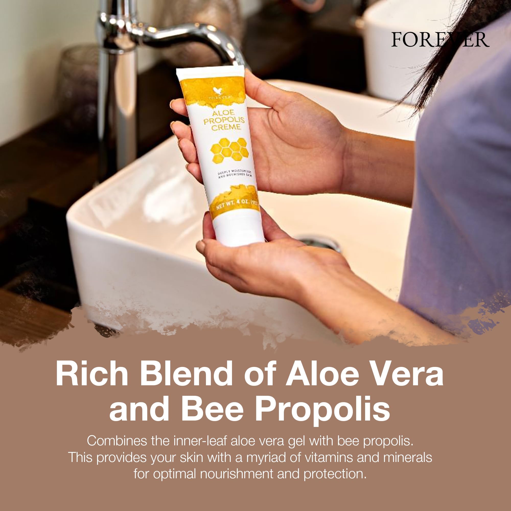 Forever Living 4 oz jar next to a common object showing compact travel-friendly benefit