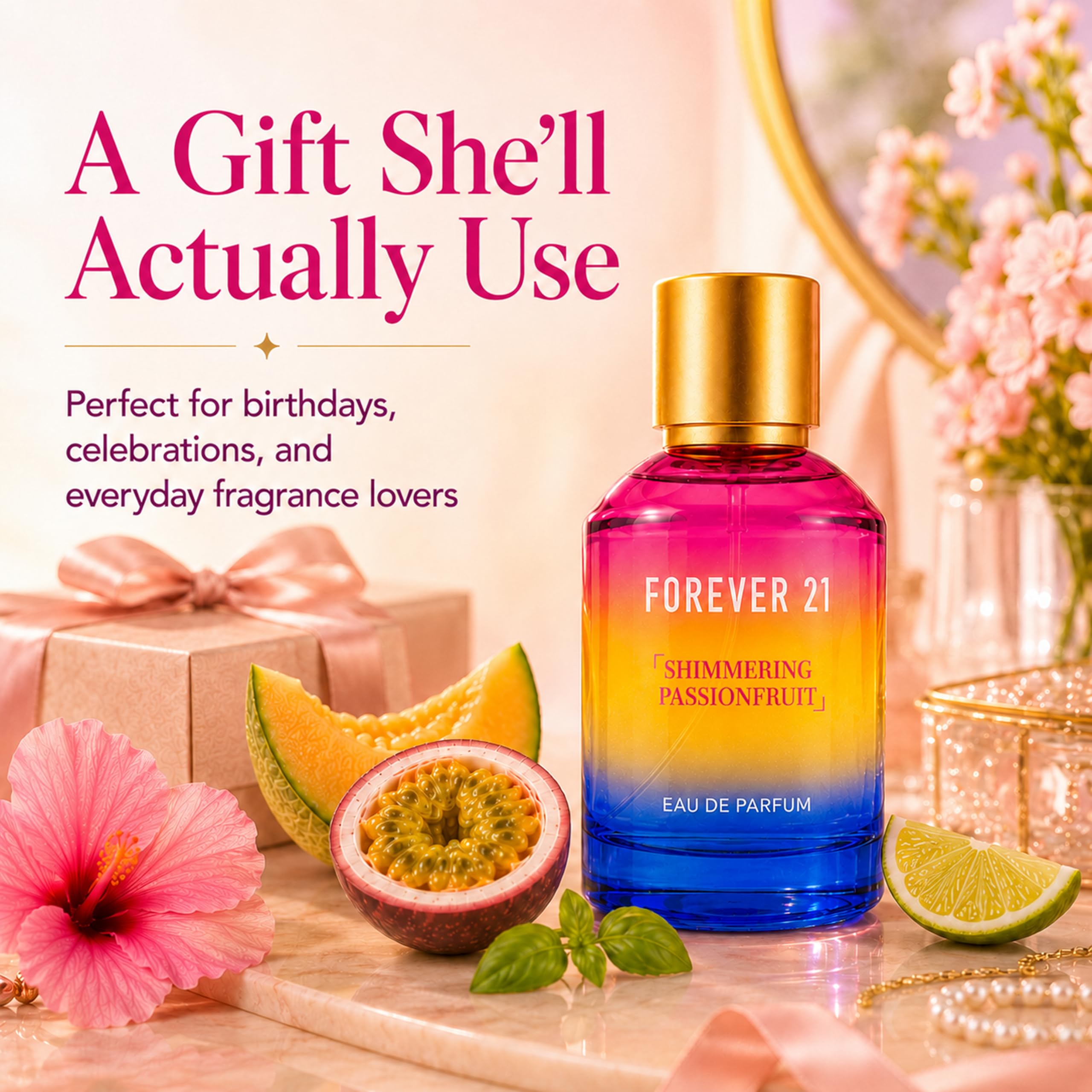 Forever 21 bottle next to common items showing 3.4 fl oz scale and portability