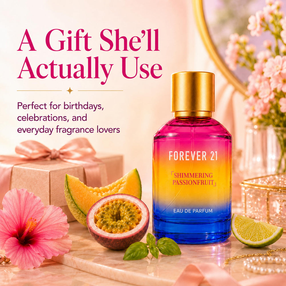 Forever 21 bottle next to common items showing 3.4 fl oz scale and portability