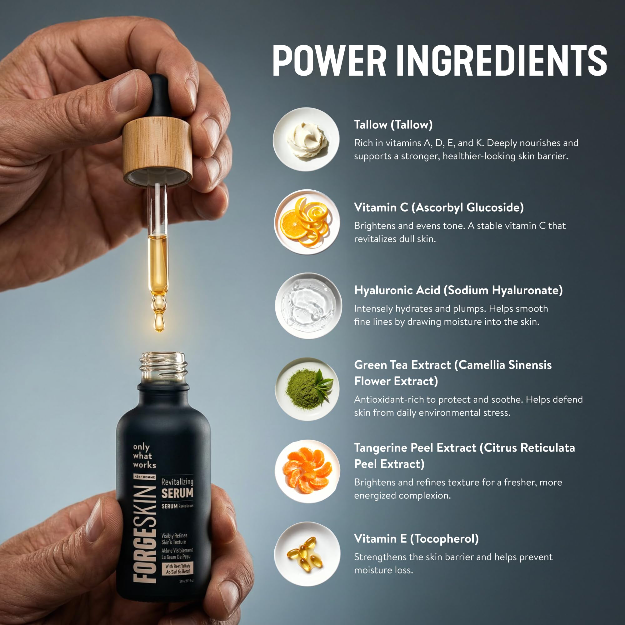 Forge Skin serum dispensed on hand demonstrating quick absorption and non-greasy finish