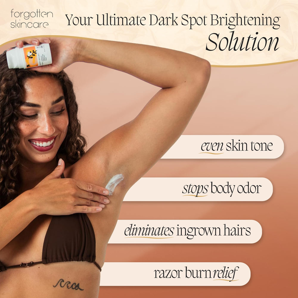 Forgotten Skincare applying cream to underarm demonstrating targeted treatment and comfort
