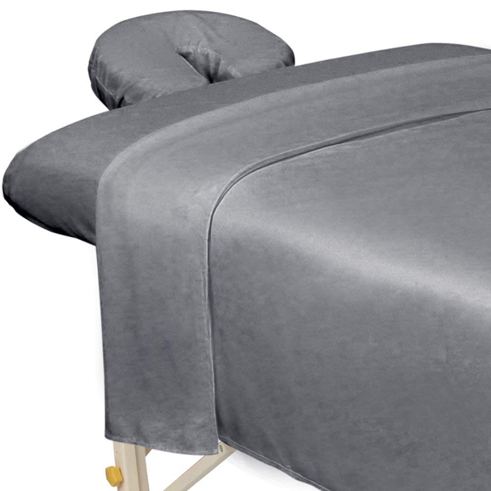ForPro front view of cool grey sheet set showing neat packaging and professional appeal