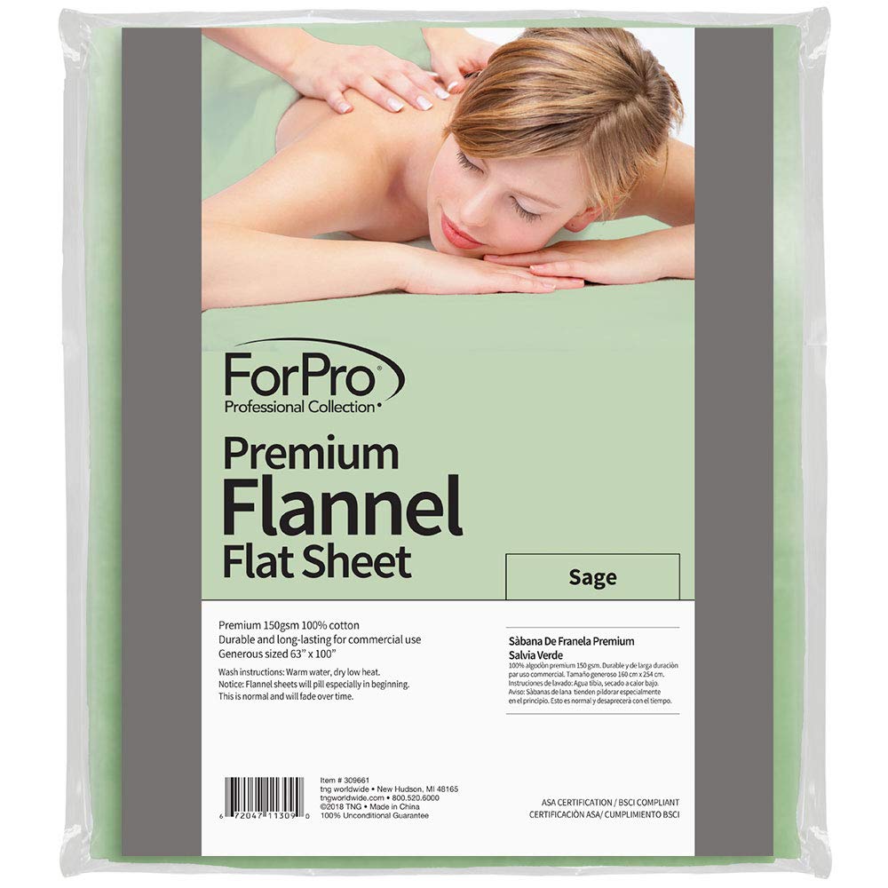 ForPro flannel flat sheet front view in sage showing full coverage and professional look