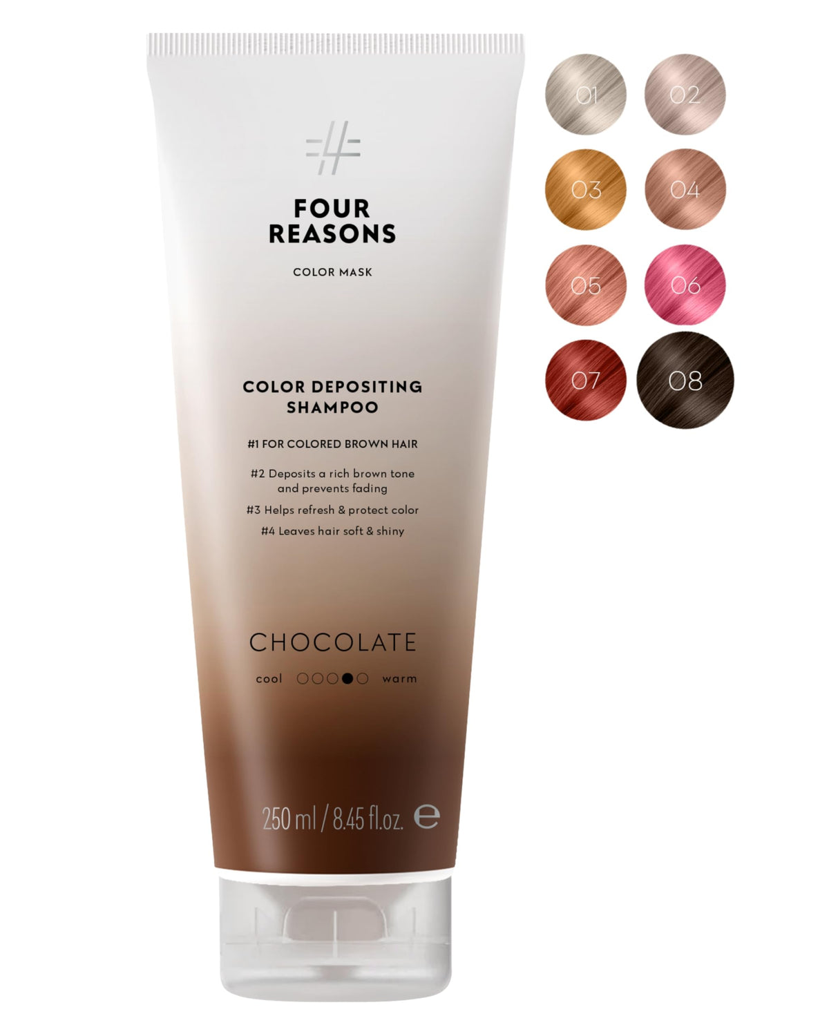 FOUR REASONS front bottle showing chocolate shampoo and clear labeling for easy identification