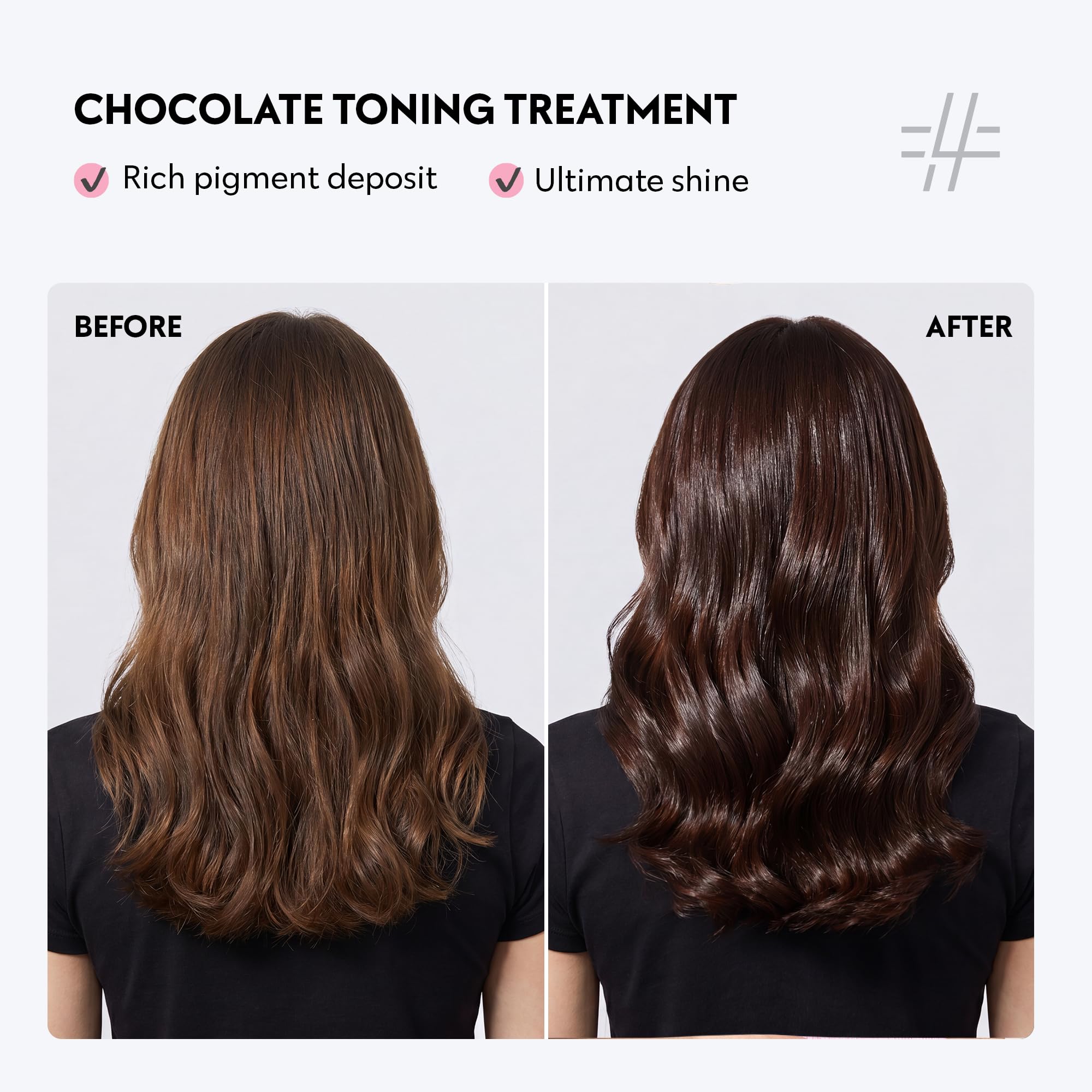 FOUR REASONS styled hair after rinse showing glossy, conditioned chocolate finish benefit