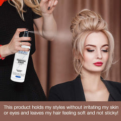 FRAGFRE mist spraying over hair texture, showing shine and flexible hold benefits