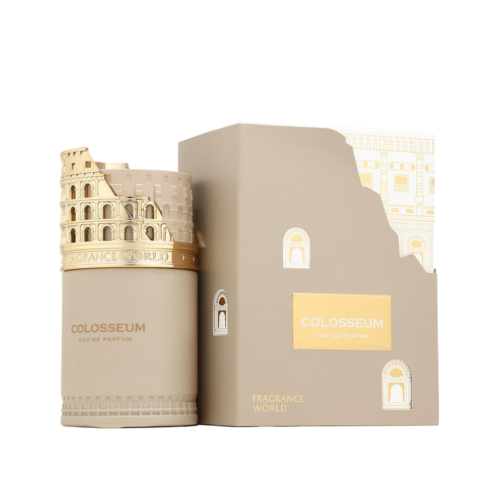 Fragrance World Colosseum close-up of sculpted gold cap highlighting ornate design