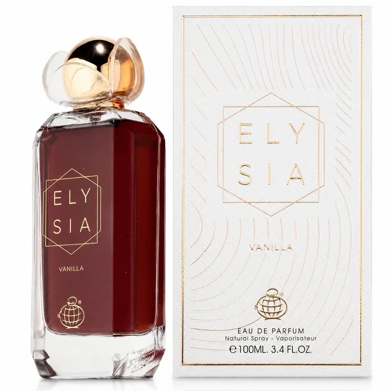 Fragrance World bottle front view showing elegant label and clear glass for shelf display benefit
