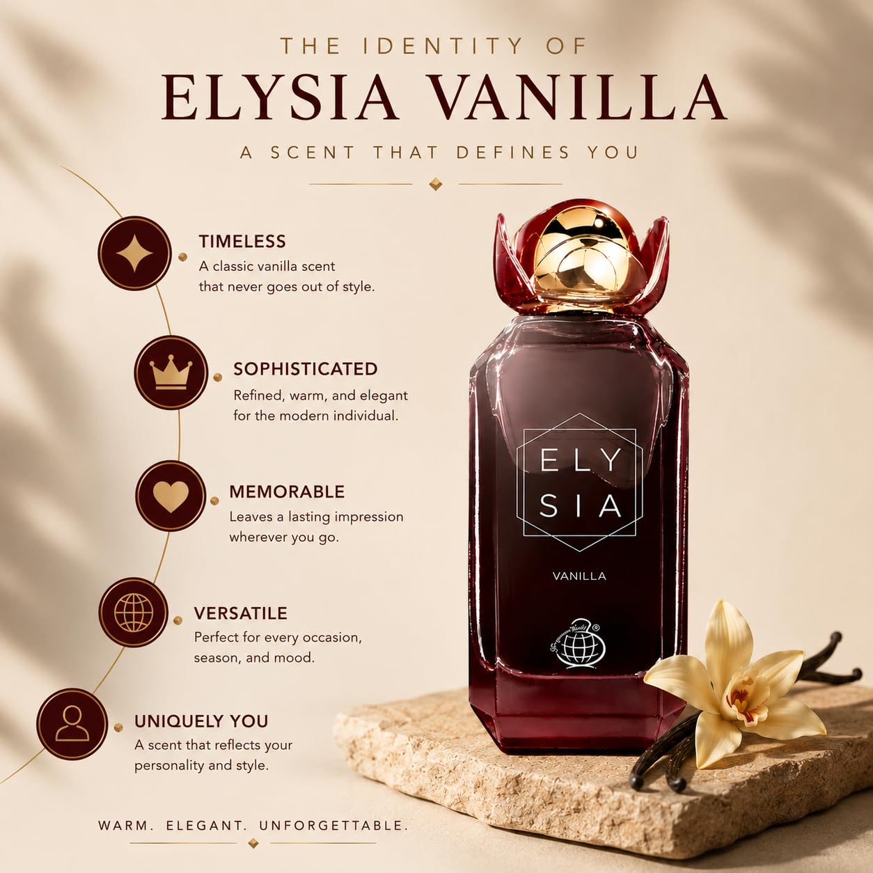 Fragrance World bottle in a cozy setting showing warm amber mood for evening or cooler-weather wear benefit