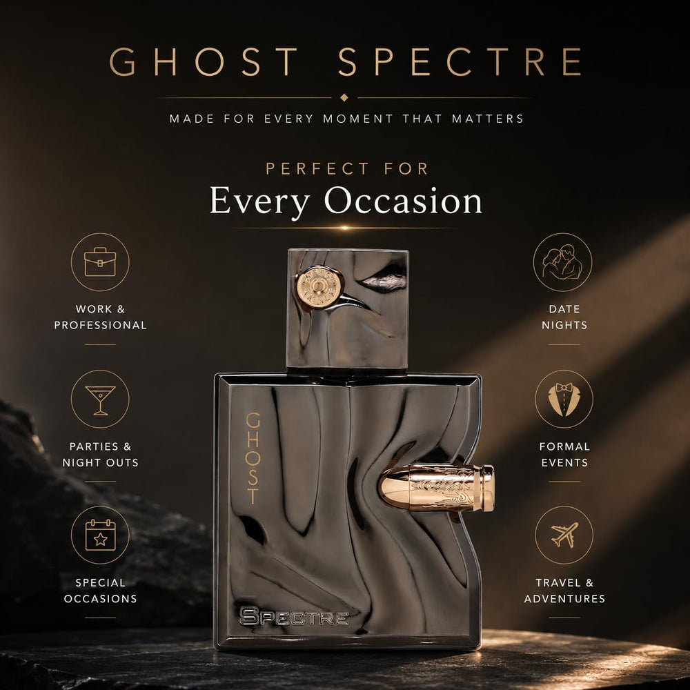 Fragrance World Spectre Ghost cap and nozzle closeup demonstrating mechanism and benefit: precise spray