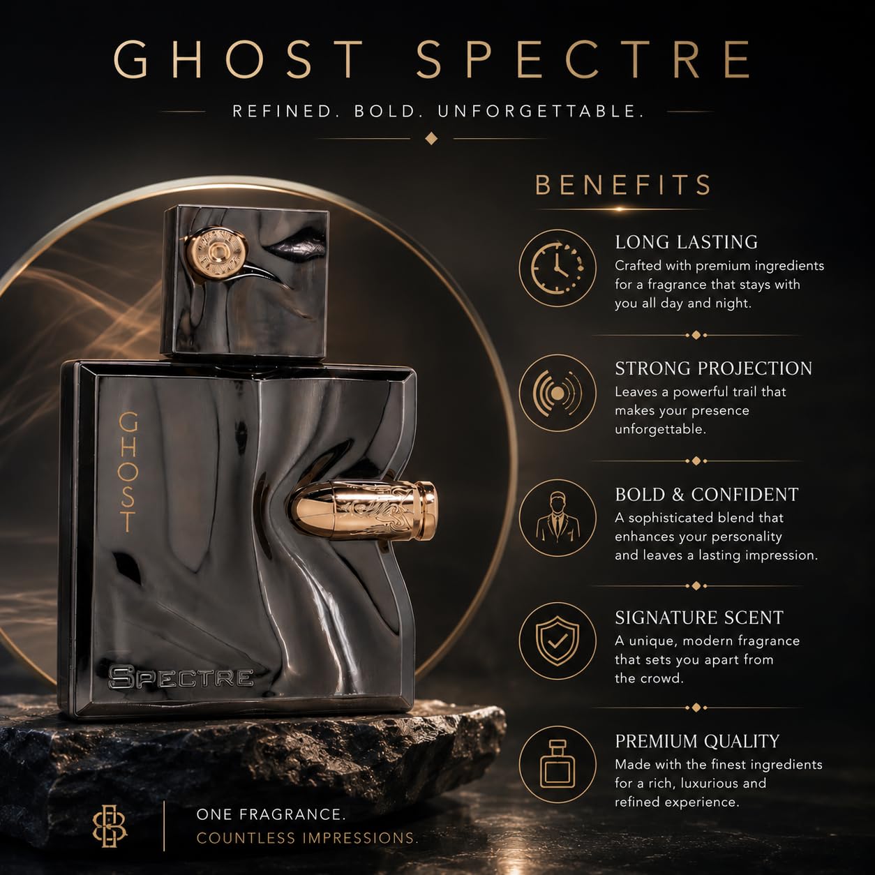 Fragrance World Spectre Ghost in hand for scale showing 80ml size and benefit: travel-friendly volume