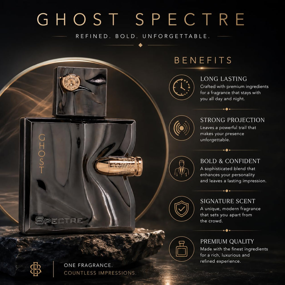 Fragrance World Spectre Ghost in hand for scale showing 80ml size and benefit: travel-friendly volume