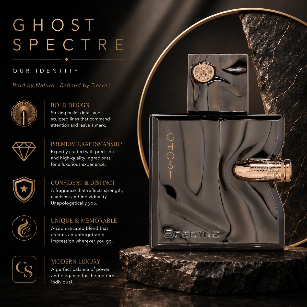 Fragrance World Spectre Ghost lifestyle evening setting with warm lights showing mood benefit: evening-ready