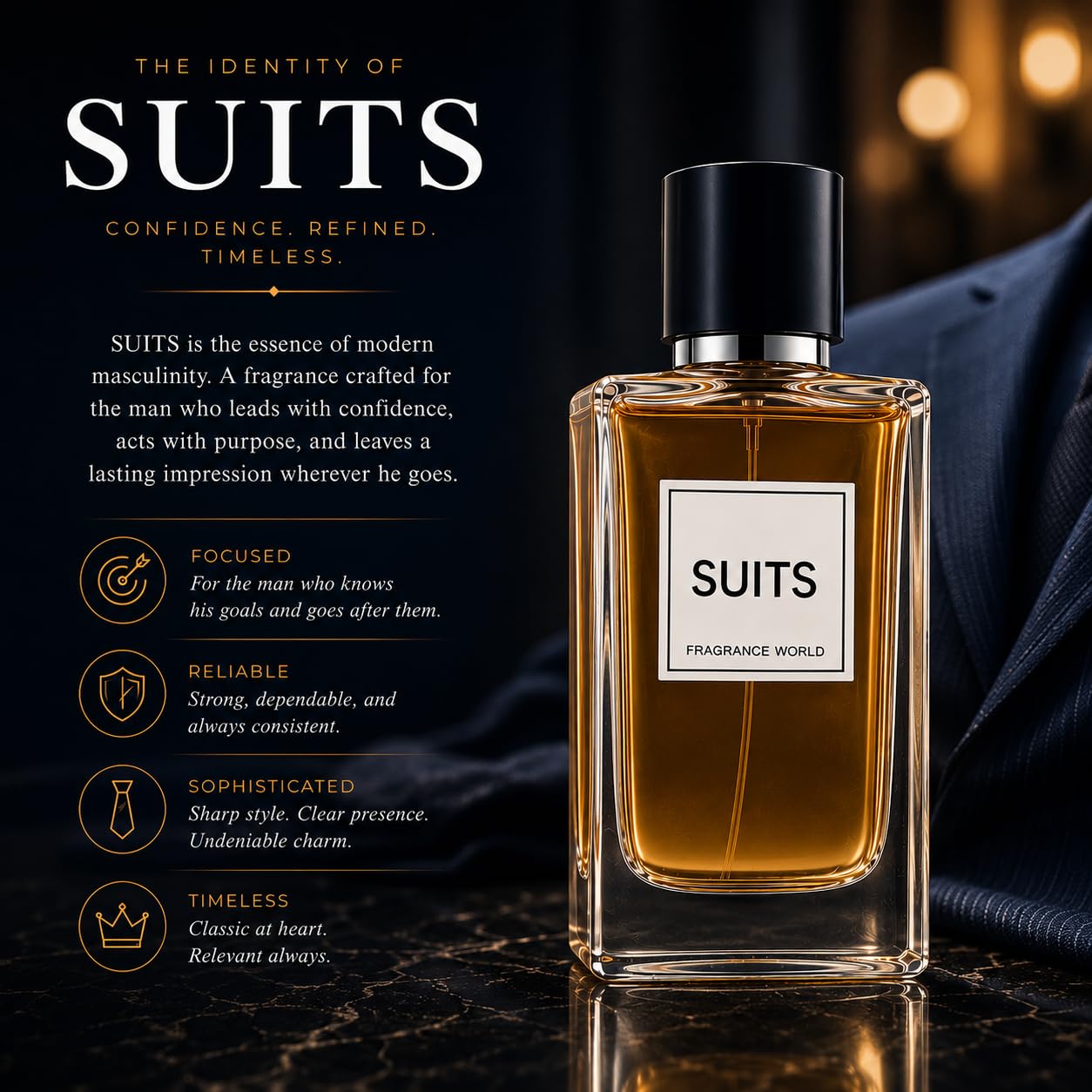 Fragrance World lifestyle professional scene with fragrance complementing refined attire benefit