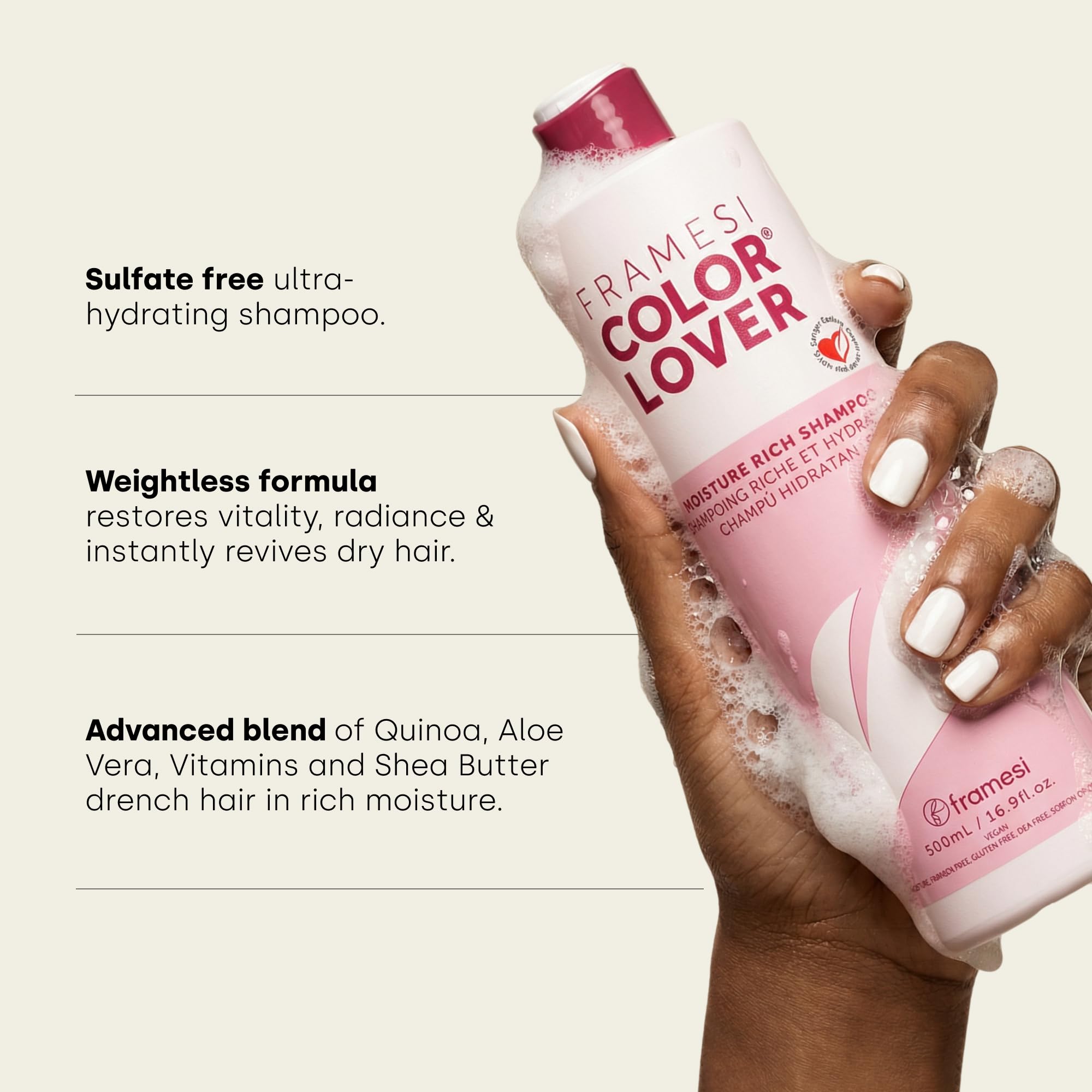 Framesi Color Lover shampoo lather texture close-up showing hydration