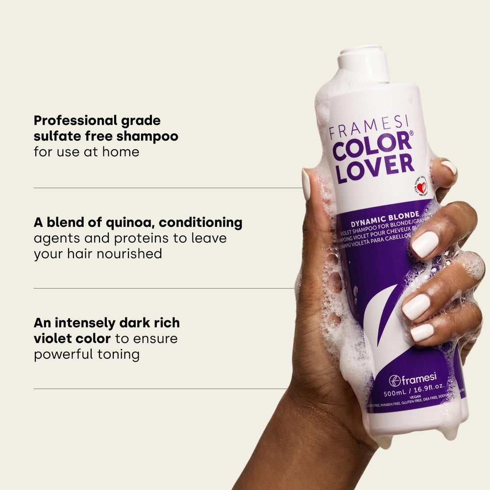 Pouring Framesi Dynamic Blonde shampoo into hand for easy application