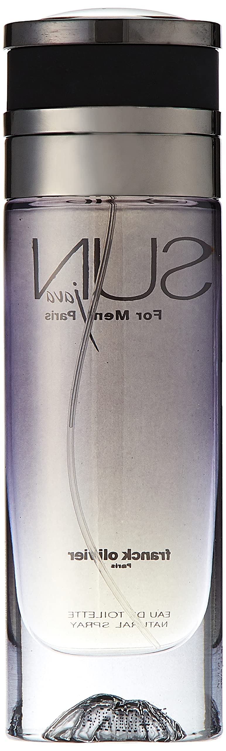Franck Olivier bottle next to a hand showing 2.5 fl oz scale and travel size benefit