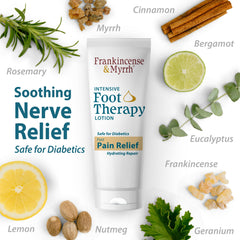 FRANKINCENSE & MYRRH being applied to a foot to illustrate targeted relief and soothing effect