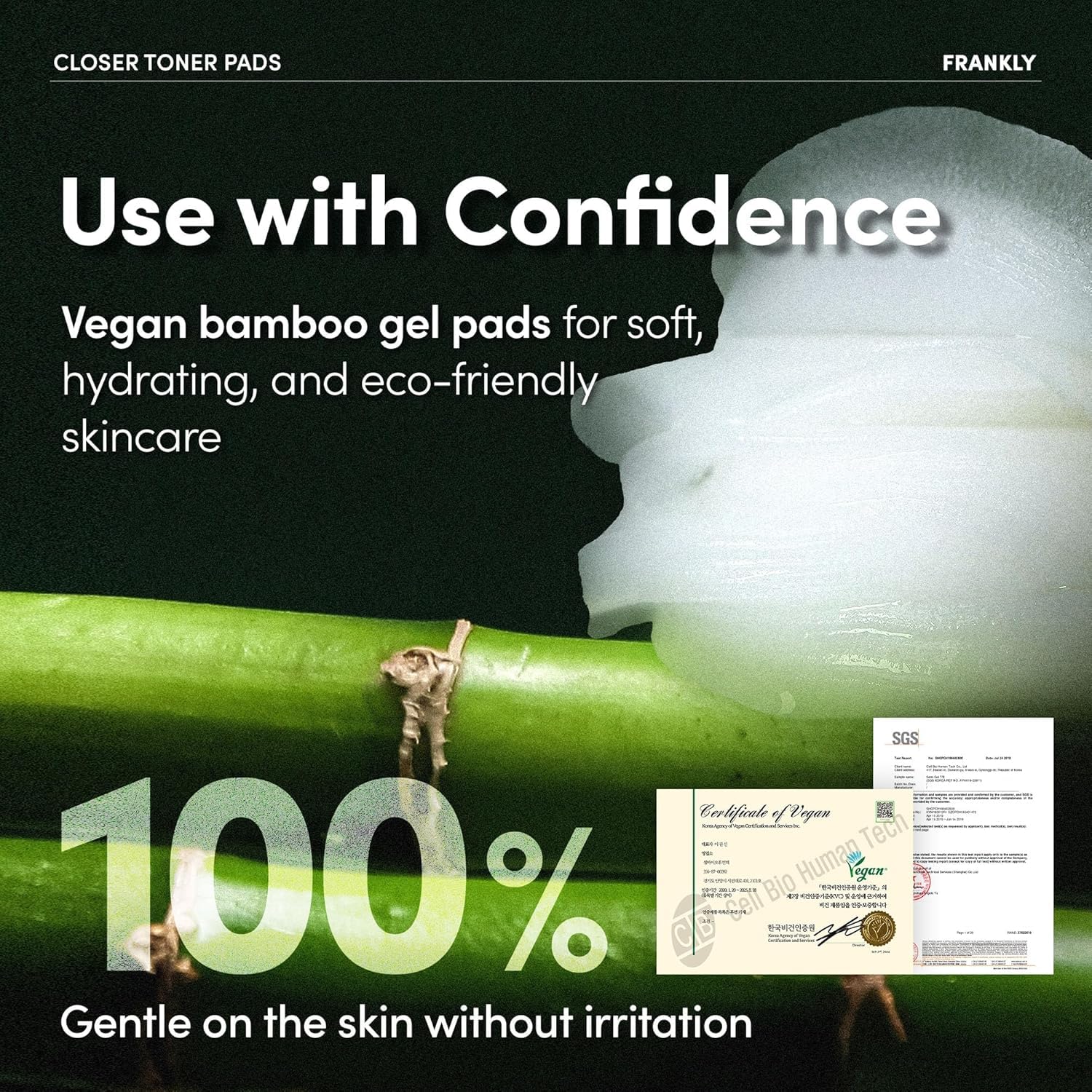 FRANKLY pad being gently wiped on cheek delivering cooling, pore-minimizing benefit