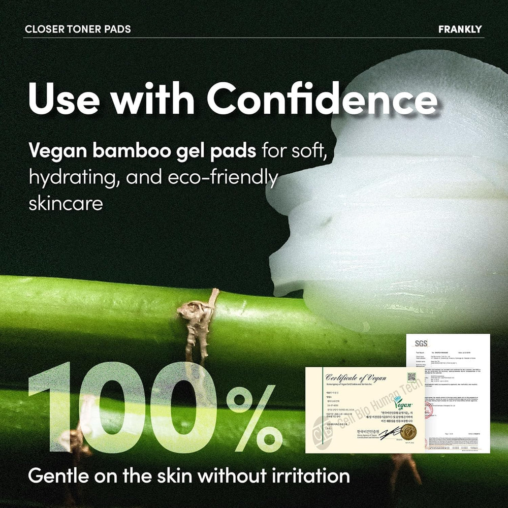 FRANKLY pad being gently wiped on cheek delivering cooling, pore-minimizing benefit