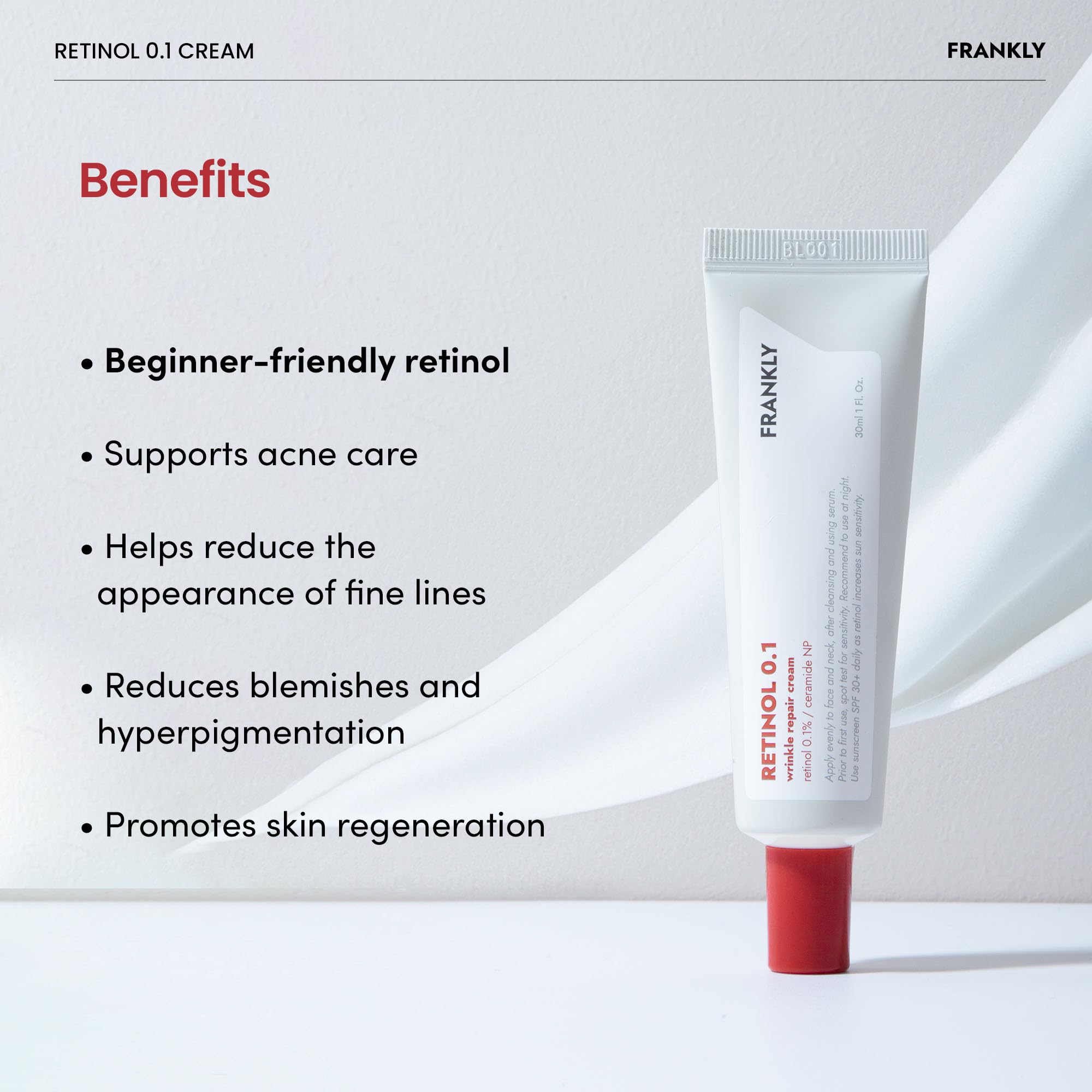 FRANKLY ingredient panel highlighting retinol 0.1% and supporting actives