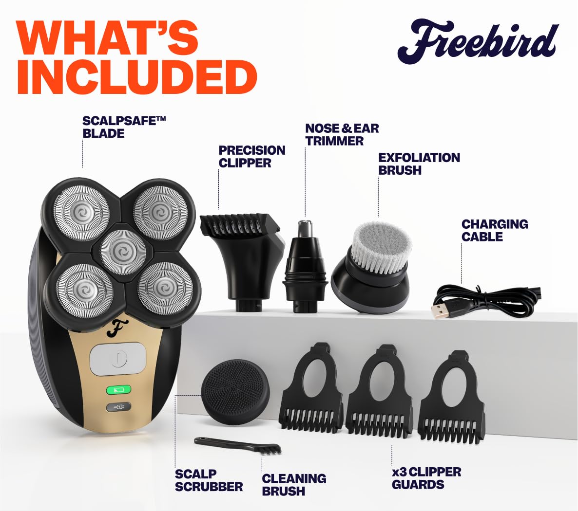 Freebird precision clipper with 3mm, 5mm and 7mm guards for controlled trimming