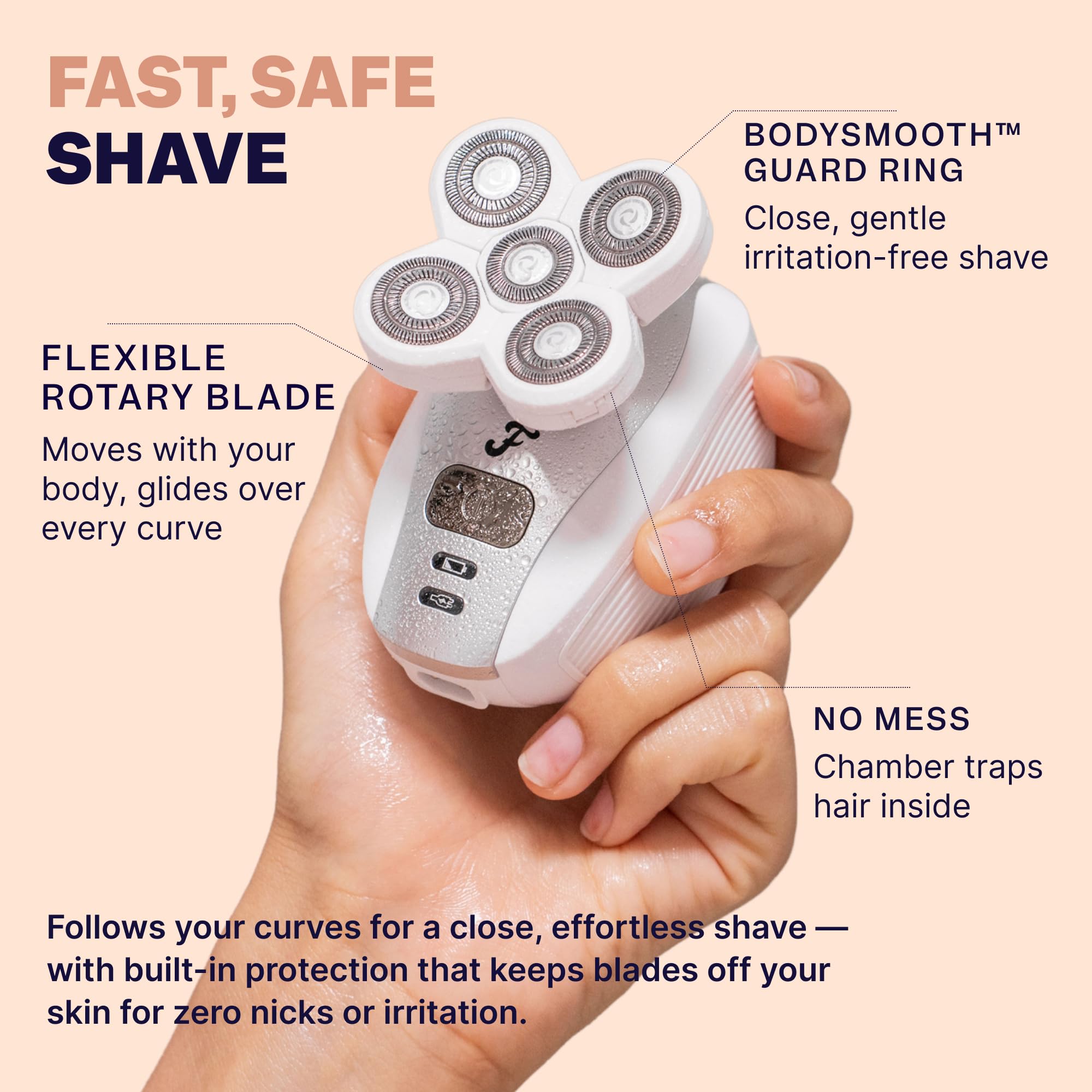 Five interchangeable Freebird heads arrayed to show versatility for different grooming tasks